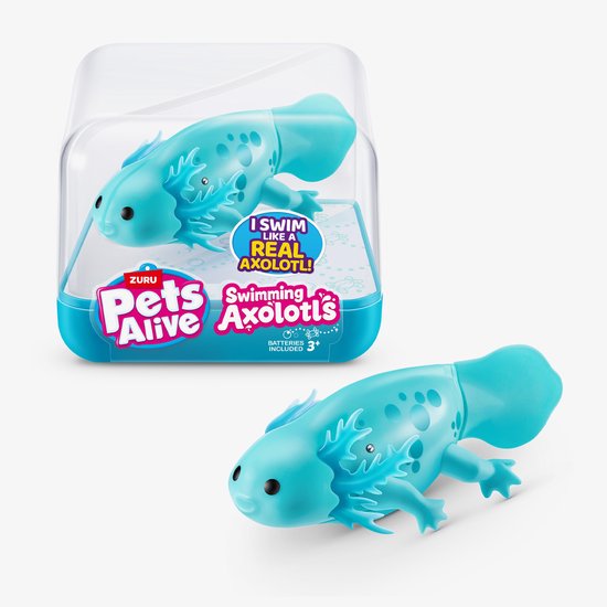 Blauwe zwemmende axolotl met spikkels in transparante verpakking en los. 'I SWIM LIKE A REAL AXOLOTL!' op sticker.
