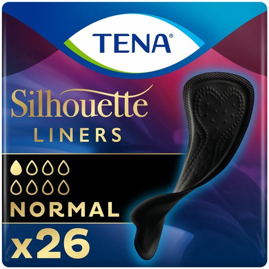 TENA Silhouette Liners Noir verpakking met 26 stuks. Zwart inlegkruisje met een hartjespatroon, tegen een paarsblauwe achtergrond.