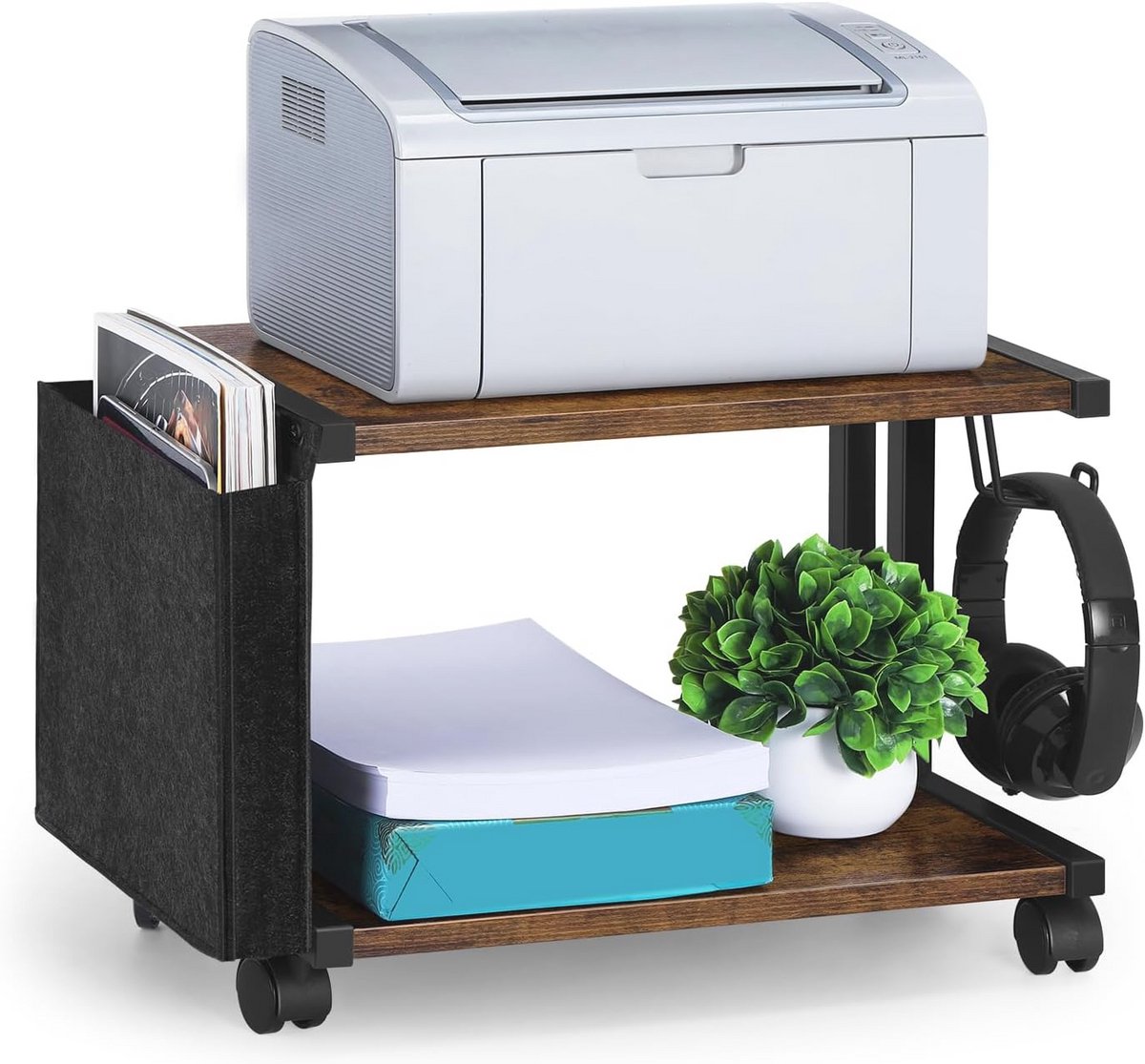 Printertafel met Wieltjes - Mobiele Printerstandaard met 2 Niveaus en Opbergzak