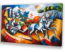 Kleurrijk met paard en wagen - Chariot muurdecoratie - Kunstwerk paarden - Kubisme - Klassieke schilderijen - Kunst op canvas - canvas 90x60 cm
