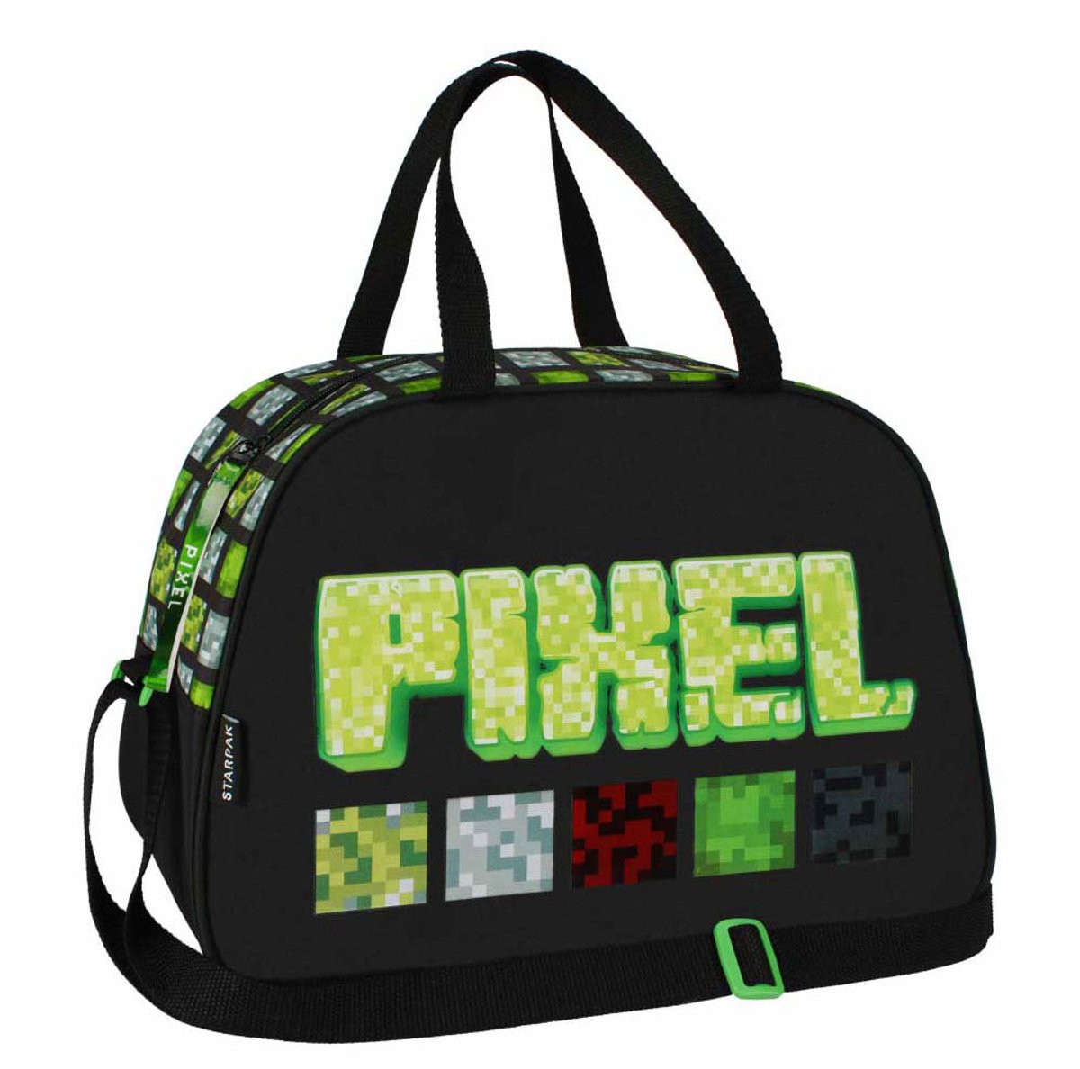 Lobbes sporttas schoudertas pixel print zwart groen voor kinderen.