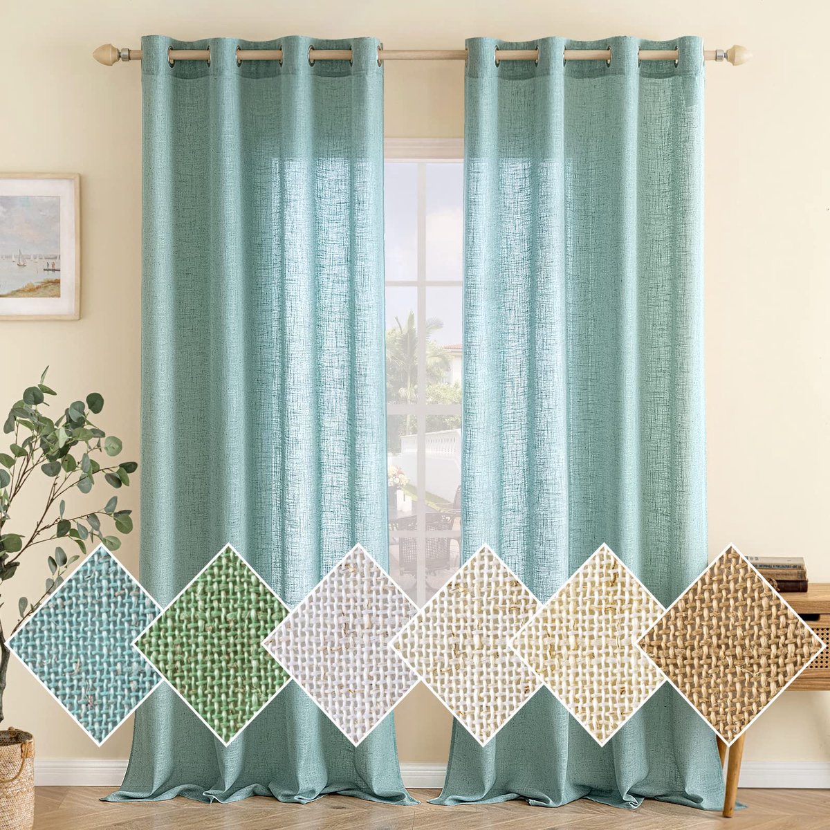 Unyqoos Gordijnen Set van 2: Linnenlook, Half-Transparant, Modern Design voor Woonkamer en Keuken, Turquoise groen