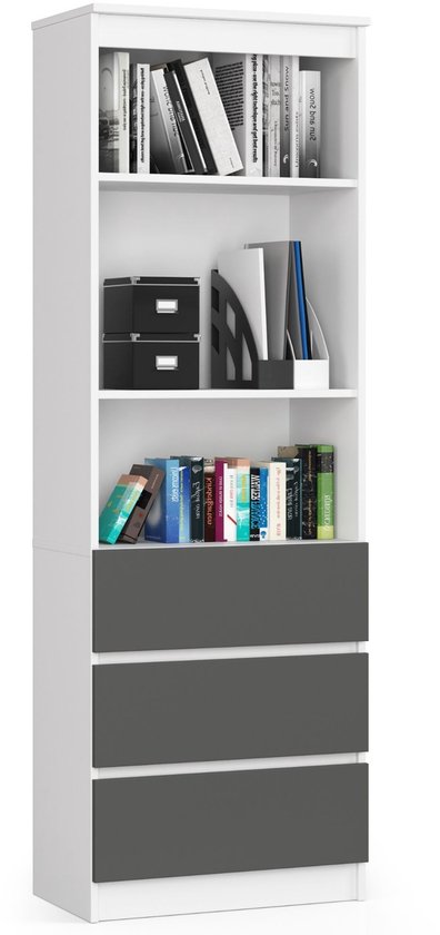 Witte boekenkast met grafietgrijze lades, gevuld met boeken en opbergdozen.