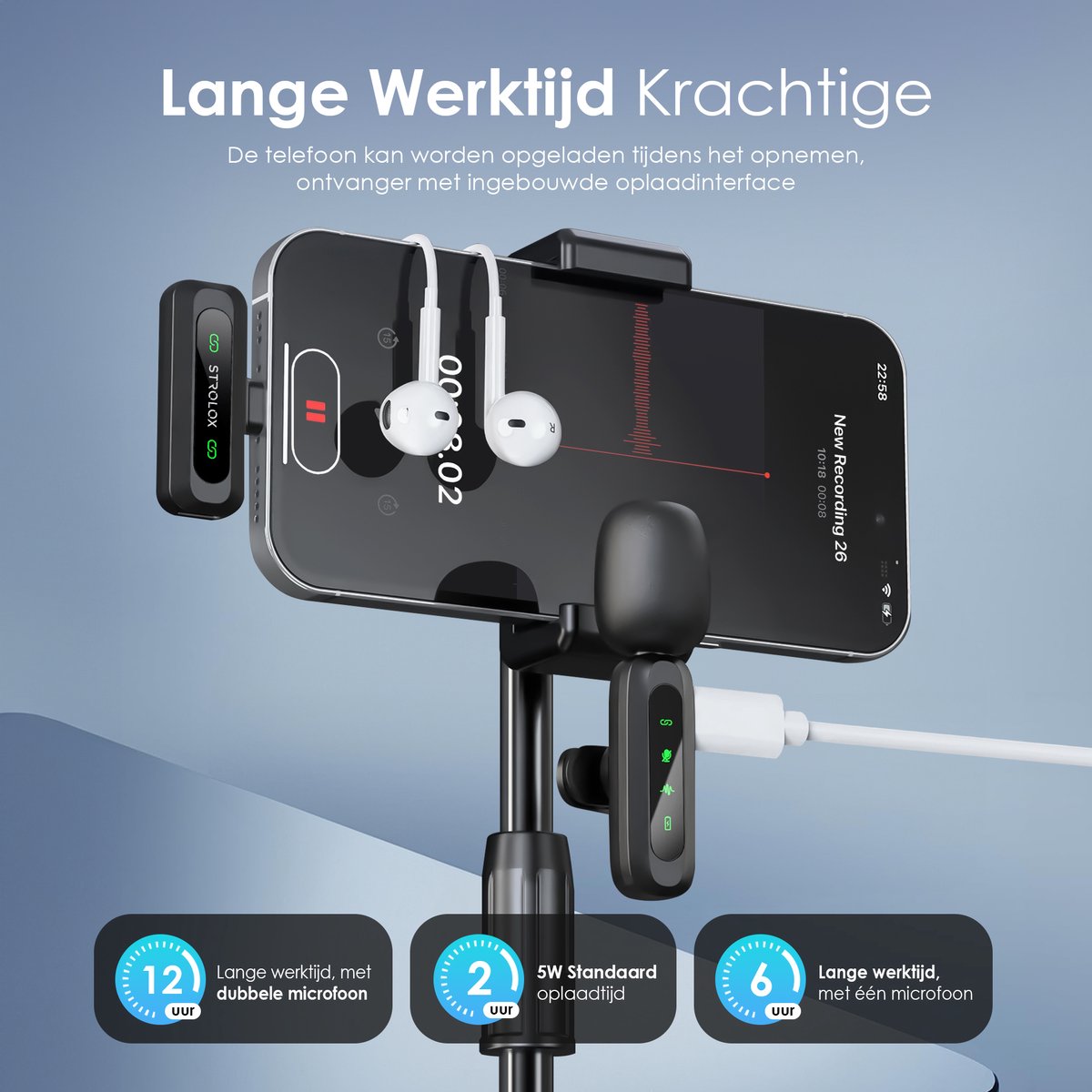 Strolox® Draadloze Microfoon Pro - 2 Stuks - Lavalier - Windshields - Dasspeld - Lange Batterij - USB-C/Lightning - Plug & Play — cadeau in Gadgets - foto 6
