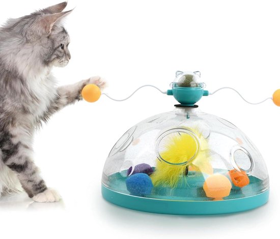 Kattenspeelgoedbal met infrarood, 4-in-1 interactief kattenspeelgoed voor binnenkatten, verstelbare kattenvoerdispenser Traktatietuimelaar met 2 ballen en plaagstokje voor huisdier Kattenkatje,Groen