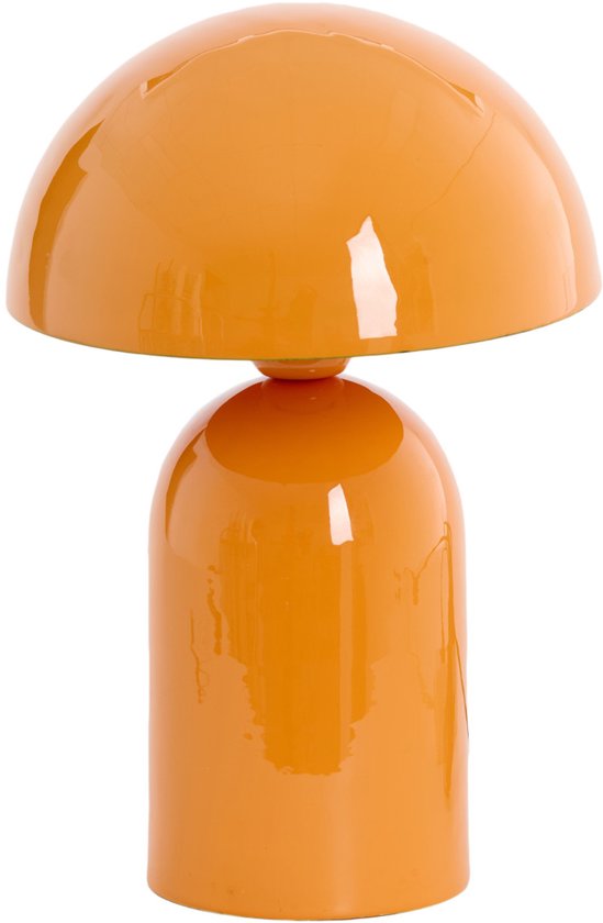 Lampe de table orange avec un abat-jour bombé et une base ronde, en forme de champignon.