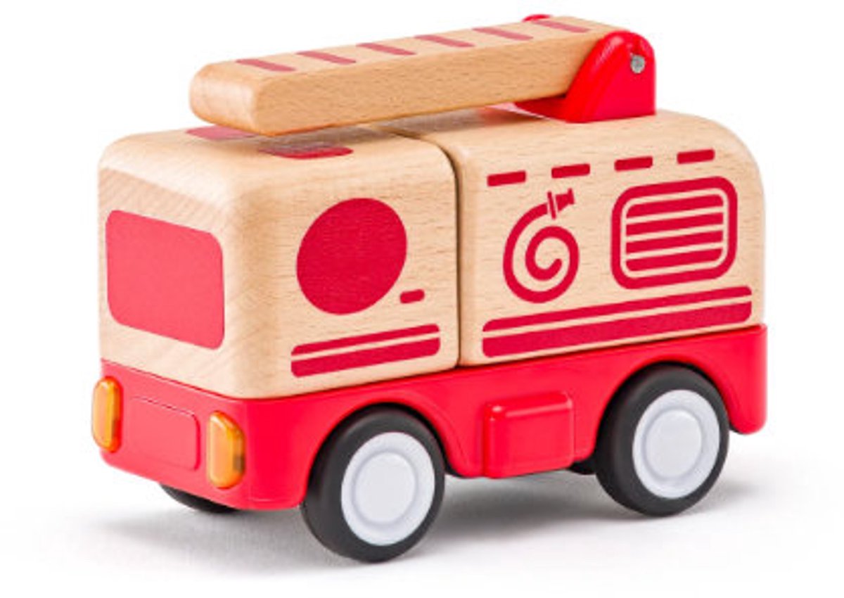 Woody brandweerauto klein met licht en geluid van hout - speelgoedauto.
