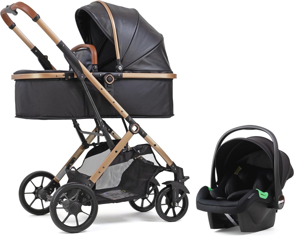 Image of 3 in 1 Wandelwagen Triosysteem voor Kinderen - Autostoel en Accessoires (Goud/Zwart, 10" Wiel)