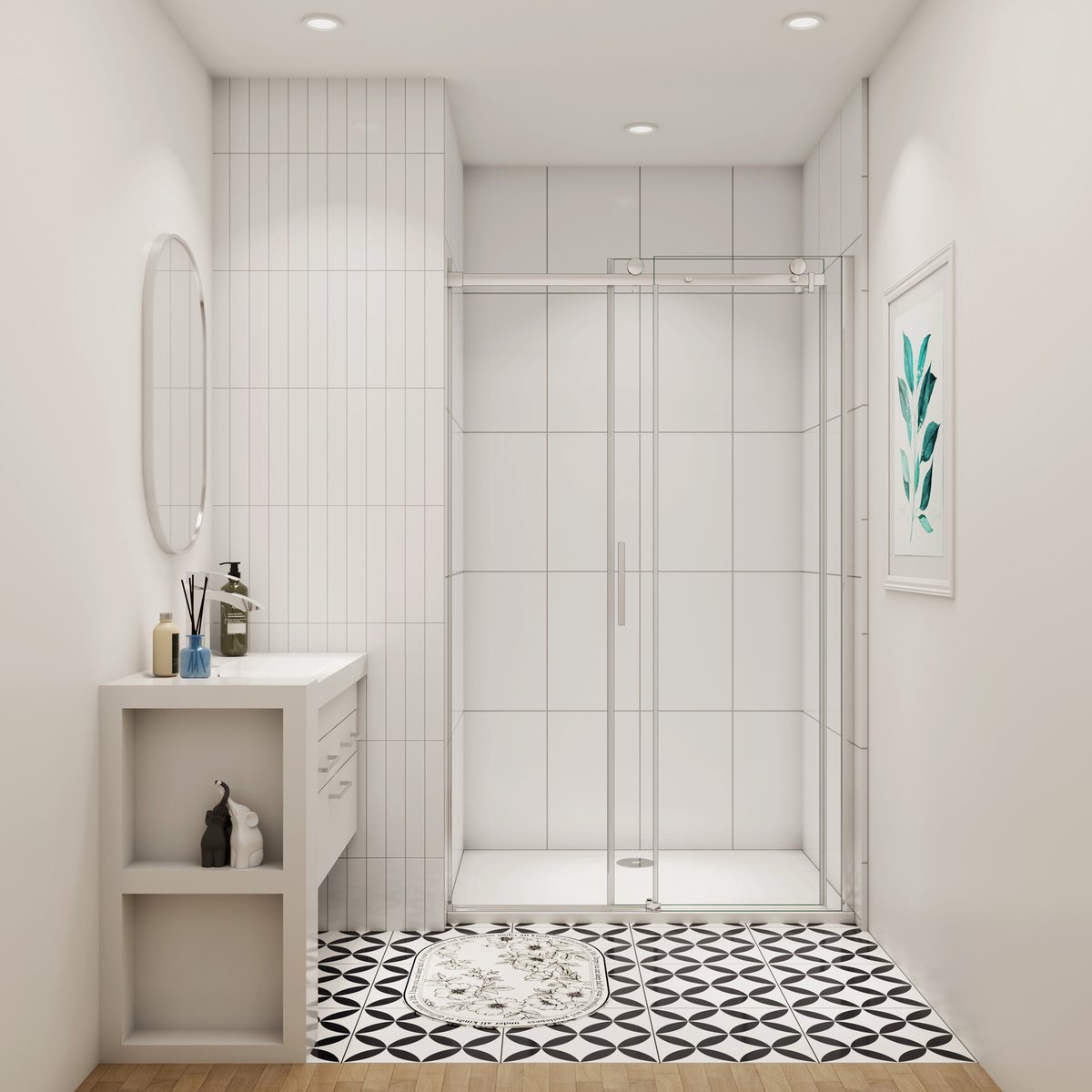 Douchedeur schuifdeur 145x195cm 6mm gehard glass(Vast glas+Schuifdeuren)glanzend chroom aluminium profiel