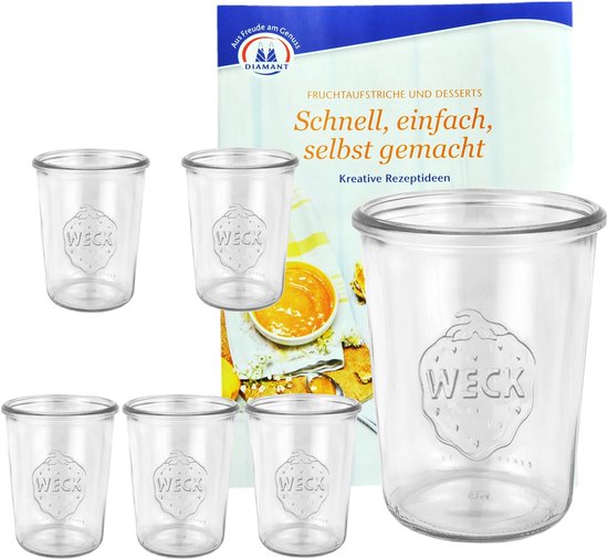 Set van 6 Weck potten 850ml, 3/4L bekers incl. geleermagie receptenboekje van Diamantzucker