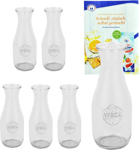 Set van 6 Weck potten 1062ml sapfles met 6 glazen deksels incl. geleermagie receptenboekje van Diamantzucker