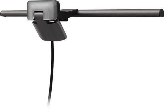 De zilverkleurige BenQ ScreenBar Halo monitorlamp, met een kabel, zijaanzicht.