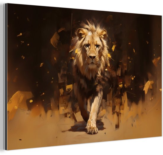 Aluminium schilderij 90x60 cm - Wanddecoratie metaal - Leeuw - Geschilderd - Abstract - Goud - Metalen muurdecoratie woonkamer - Decoratie industrieel - Foto op dibond - Industriële accessoires slaapkamer