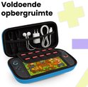Blauwe Nintendo Switch case met veel opbergruimte voor games, oortjes en een oplader.