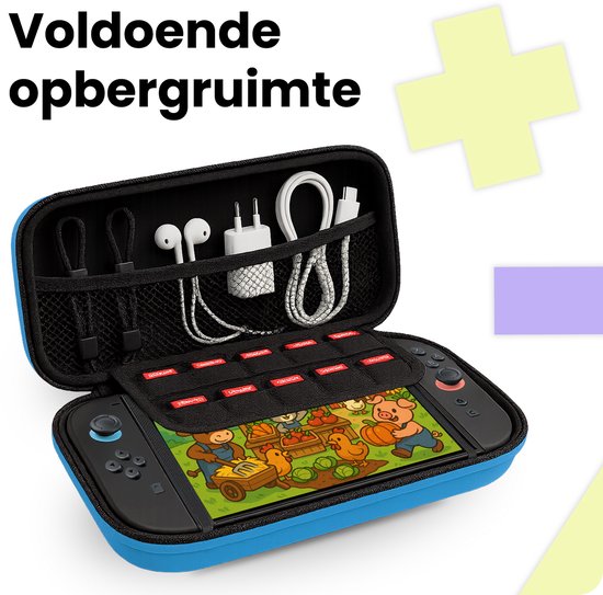 Blauwe Nintendo Switch case met veel opbergruimte voor games, oortjes en een oplader.