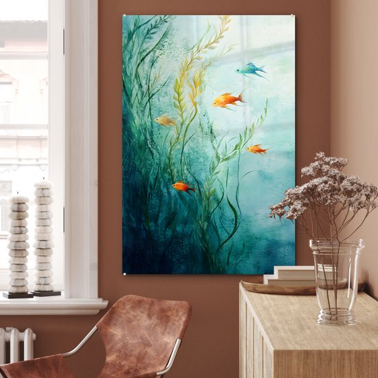MuchoWow® Glasschilderij 60x90 cm - Schilderij acrylglas - Waterplanten - Vissen - Kleurrijk - Water - Foto op glas - Muurdecoratie woonkamer - Wanddecoratie slaapkamer - Schilderijen