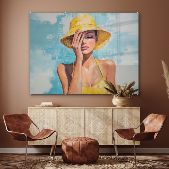 MuchoWow® Peinture sur verre 160x120 cm - Peinture sur verre acrylique - Peinture - Femme - Chapeau - Jaune - Photo sur verre - Décoration murale salon - Décoration murale chambre - Peintures