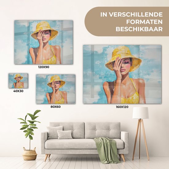 MuchoWow® Peinture sur verre 160x120 cm - Peinture sur verre acrylique - Peinture - Femme - Chapeau - Jaune - Photo sur verre - Décoration murale salon - Décoration murale chambre - Peintures
