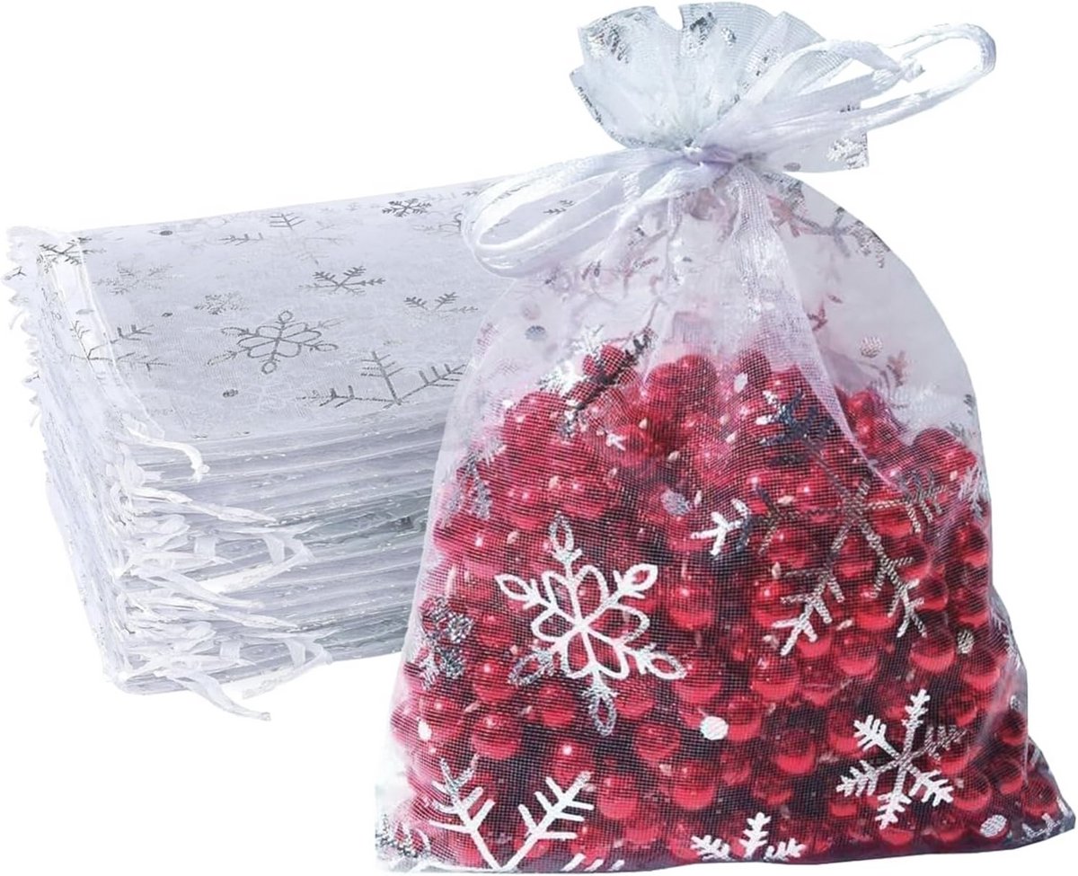 Kerst organza geschenkzakjes 100 stuks - 10 x 15 cm met zilveren sneeuwvlokken voor bruiloften en feesten