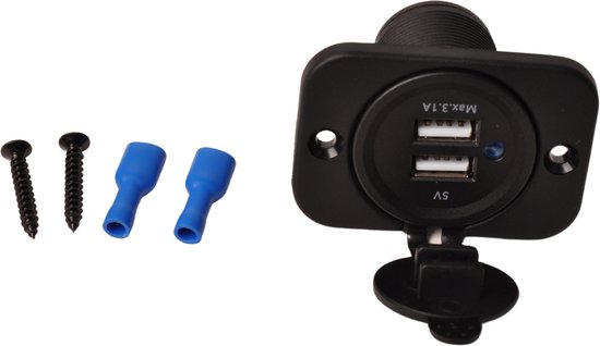 Zwarte USB-inbouwdoos met twee poorten, opschrift '5V Max. 3.1A', met schroeven en connectoren.