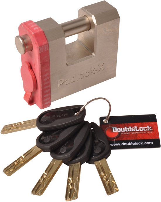 Zwaar metalen hangslot met rode rubberen bescherming. Wordt geleverd met 5 sleutels en een DoubleLock sleutelhanger.