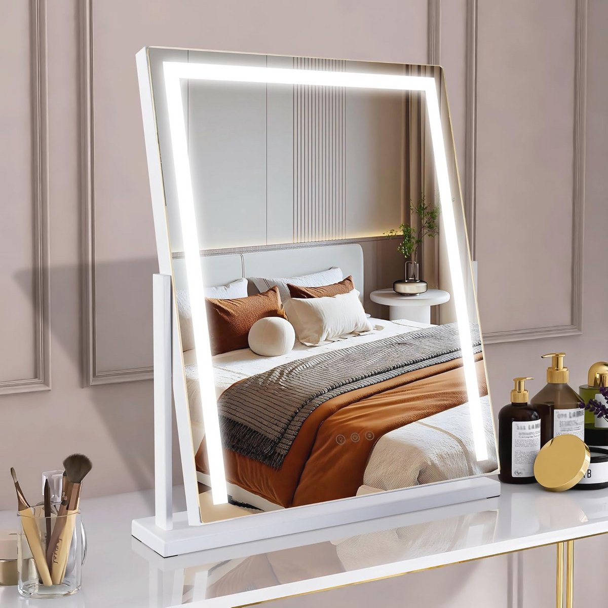 Grote Draaibare Make-upspiegel met Verlichting - 52 cm Vierkant, Dimbare LED en 3 Kleurmodi