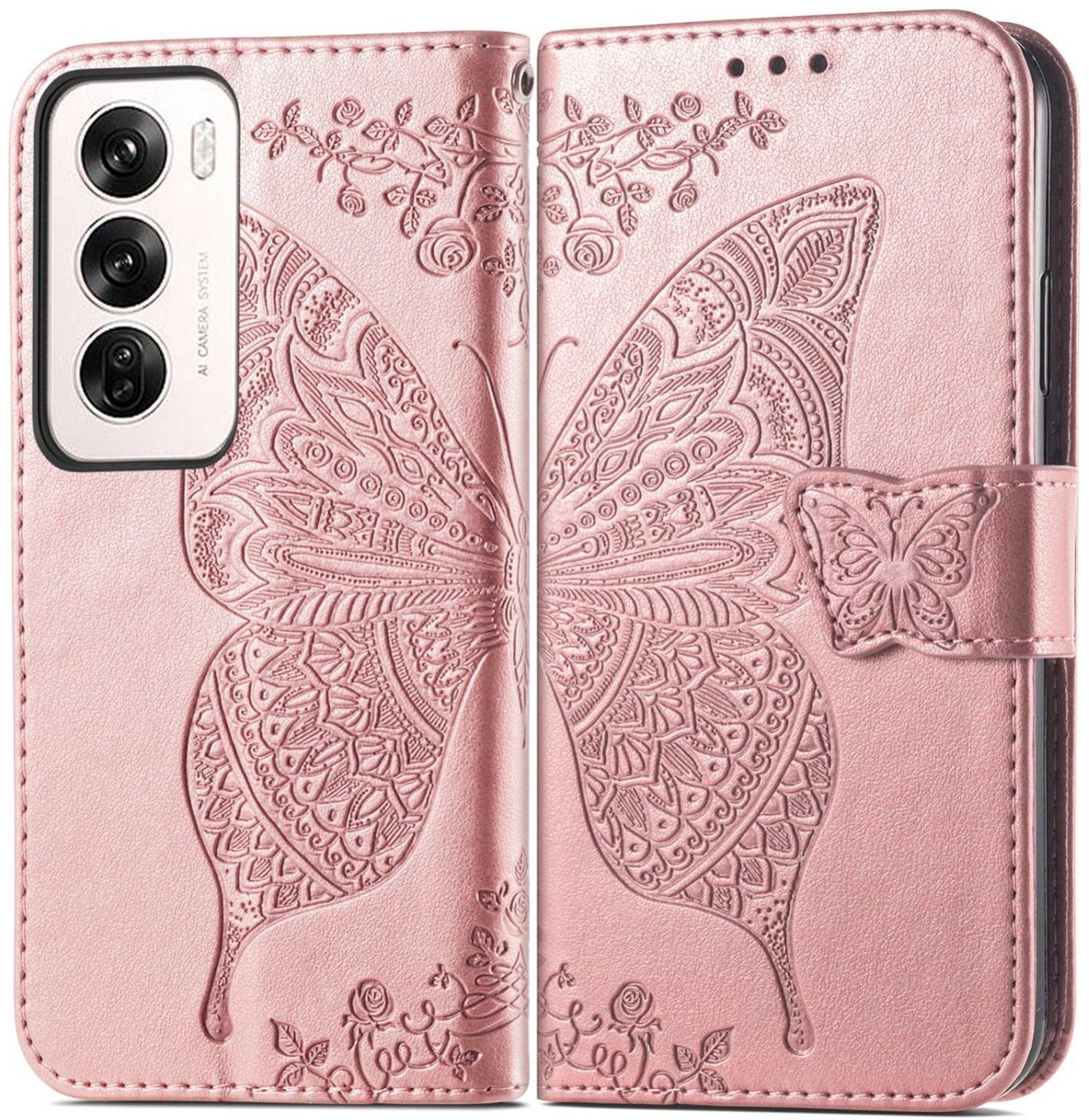 Mobigear Telefoonhoesje geschikt voor OPPO Reno 12 Pro Hoesje | Mobigear Butterfly Bookcase Portemonnee | Pasjeshouder voor 3 Pasjes | Telefoonhoesje voor Pinpas / OV Kaart / Rijbewijs - Roségoud