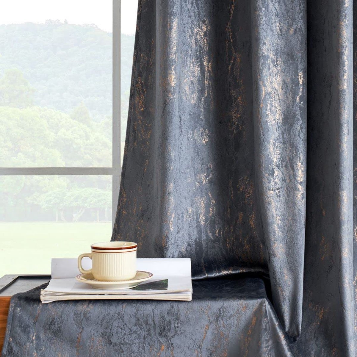 Unyqoos Elegant en Isolerend Fluwelen Gordijnenset met Metalen Ogen voor Slaapkamer en Woonkamer - 2 Panelen, Grijs blauw