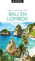 Twee rotsformaties in zee met palmbomen op de voorgrond. De tekst 'BALI EN LOMBOK' staat in het midden.