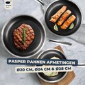 Drie RVS koekenpannen met honingraatpatroon, met zalm, biefstuk en een gebakken ei.