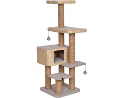 Ebi Palawan Krabpaal - Houten Krabpaal met Waterhyacint - Huisje & Speelballetjes - 140cm - Bruin