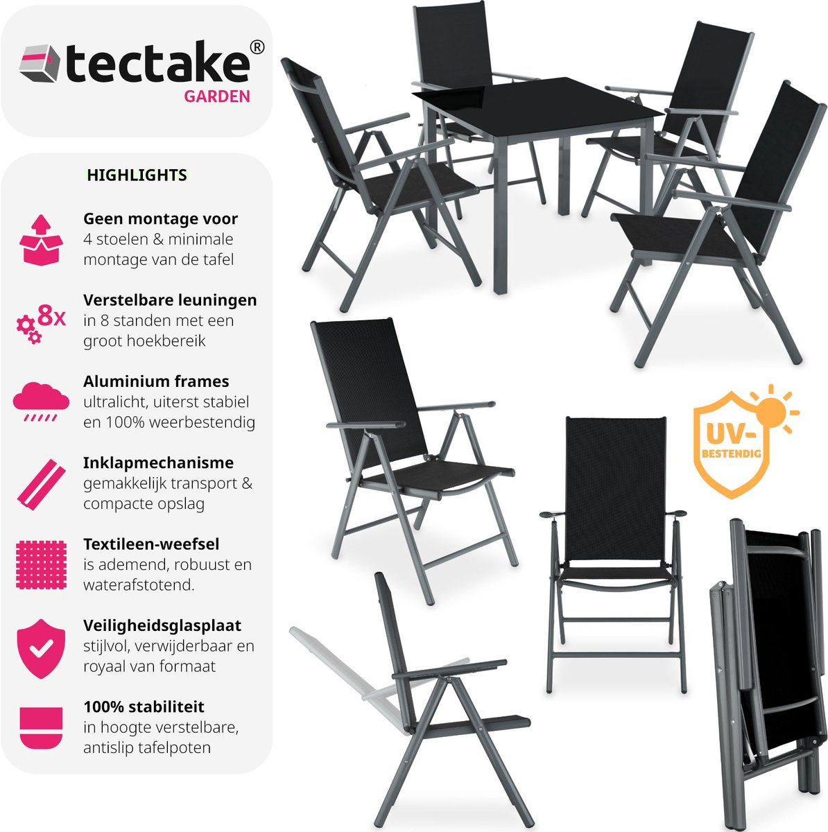 tectake® - Aluminium Tuinset - Zitgroep met 4 Tuinstoelen en 1 Tuintafel - Donkergrijs - Tuinmeubelset voor 4 Personen - Weerbestendig en UV-bestendig - Stoelen met verstelbare Rugleuning - Tuintafelset – foto 3