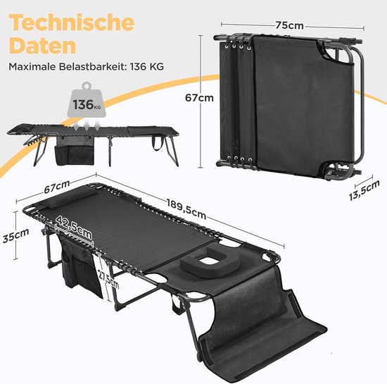 KESSER® Ligstoel Met Kussen Opvouwbaare Tuinstoel Extra Grote Tuinligstoel Hoofdkussen Bekerhouder En Verstelbare Rugleuning Ligbed Inklapbaar Weerbestendig Draagvermogen 200kg Antraciet 1012836016
