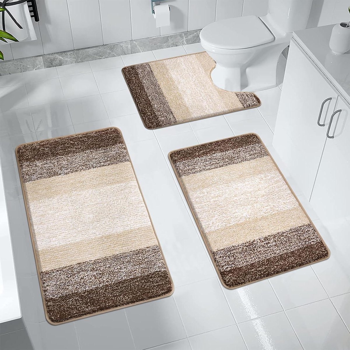 3-delige zachte hoogpolige badmatset voor de badkamer - machinewasbaar en antislip - koffiekleur