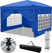 Bol.com Partytent Opvouwbaar Waterdicht Easy up Paviljoen Zijpanelen voor tuin en camping met Draagtas 3x3m met zijden Blauw aanbieding