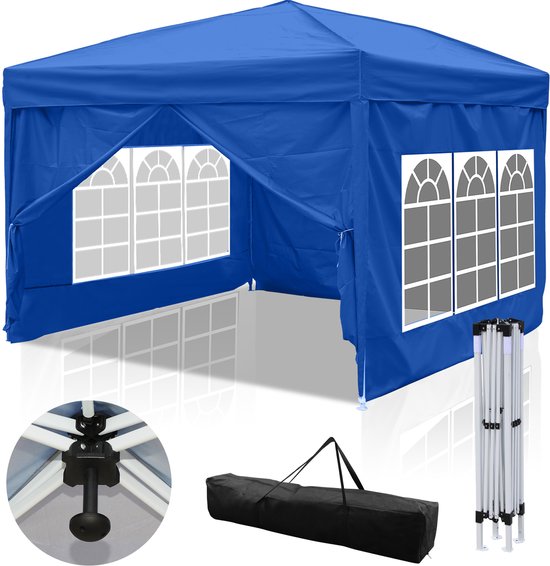 Tente de réception pliable et imperméable, facile à monter, panneaux latéraux pour jardin et camping, avec sac de transport, 3 x 3 m, avec côtés Blauw