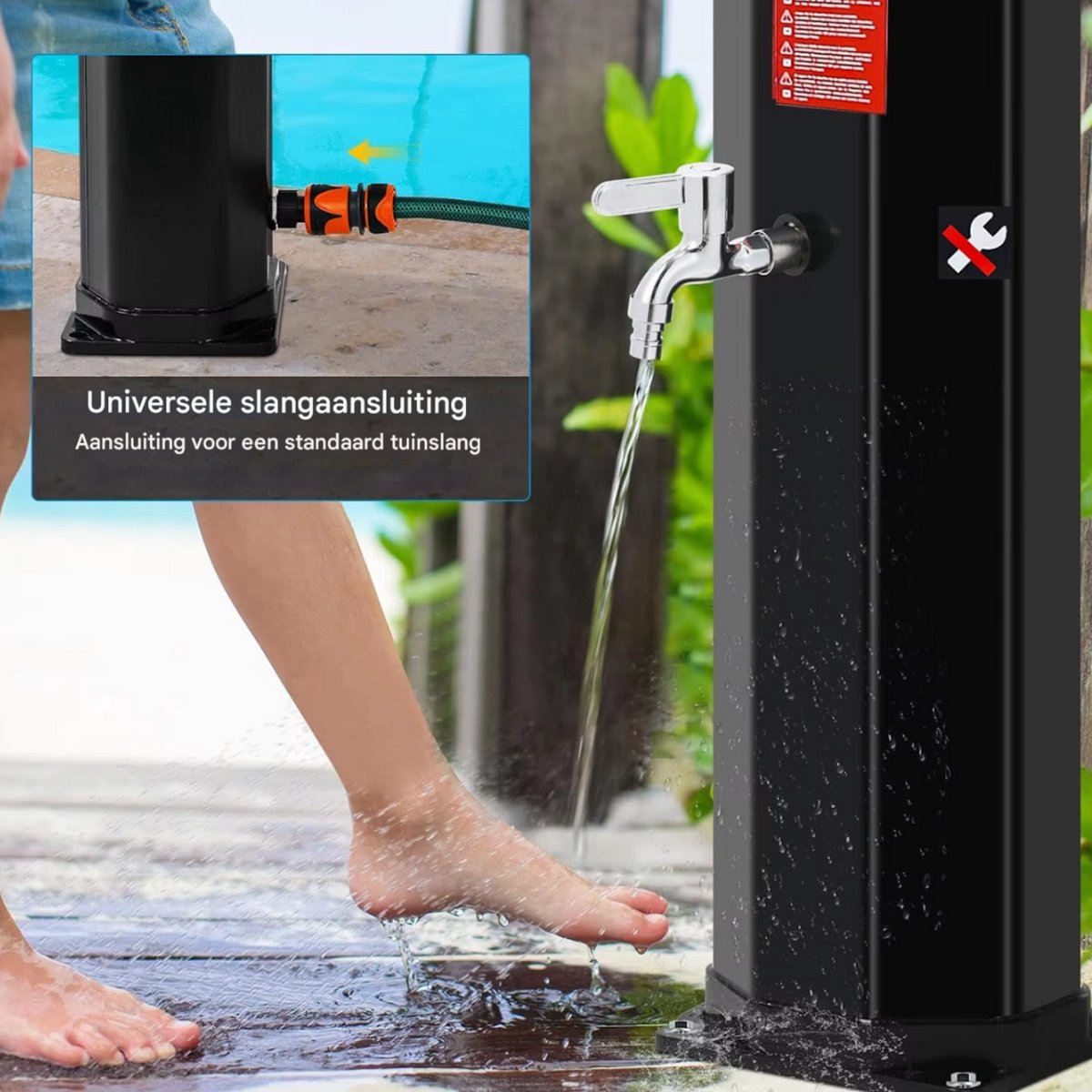 Vrijstaande Buiten Douche - Zwart - Tuindouche - Sauna douche - 360° Zonne-energie Douchekop en Voetspoeluitloop - Temperatuurgestuurd tot 60°C - Met Deksel - 60L thumbnail 7