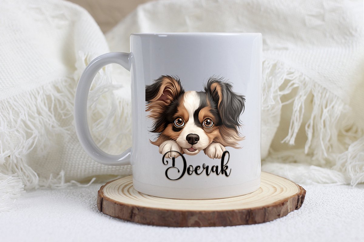 Vlinderhond mok met naam