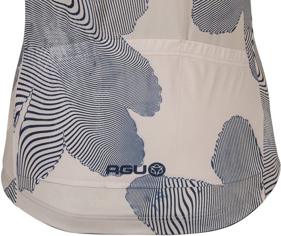 Achterkant wit fietsshirt met blauwe, gestreepte bloemenprint en AGU logo. Drie zakken zichtbaar.