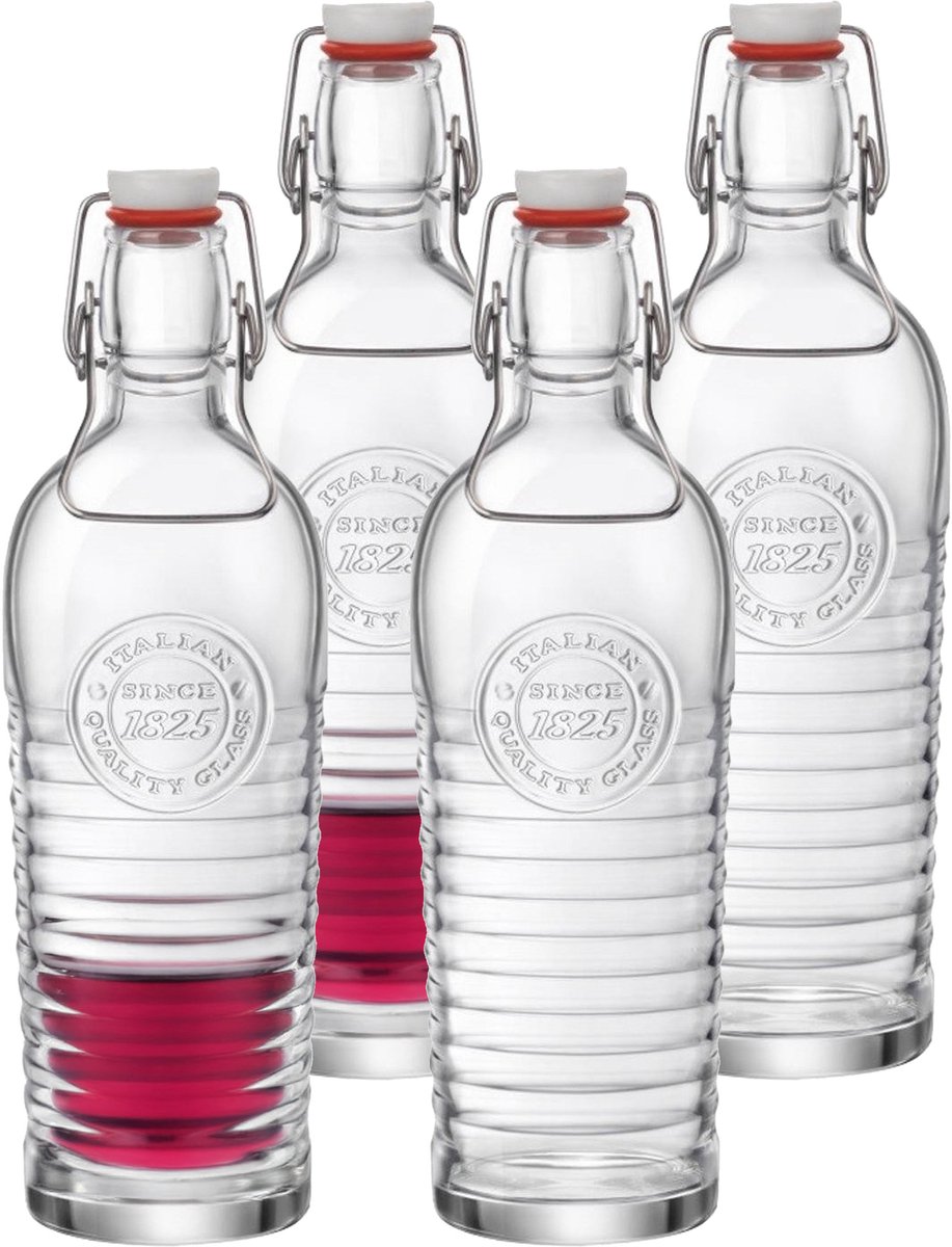 Bormioli Rocco beugelfles/weckfles - Set van 4x stuks - transparant - met beugeldop - 1200 ml - inmaakflessen - limonadeflessen