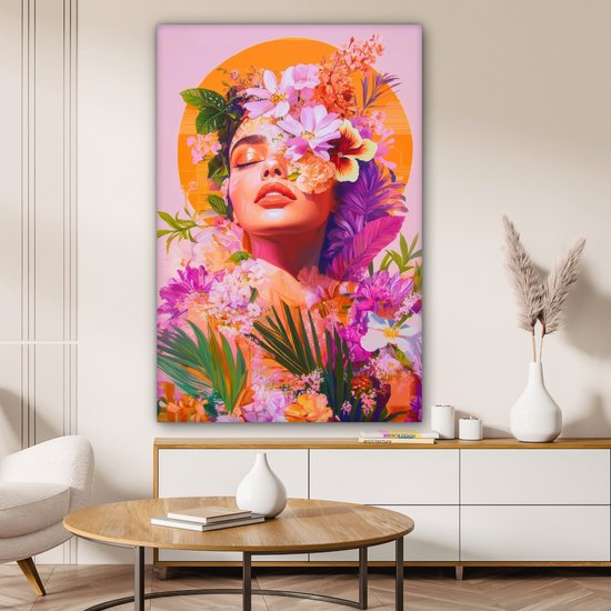 Tableau sur toile 80x120 cm - Décoration murale exclusive Femme - Abstrait - Cercle - Fleurs - Décoration murale salon - Décoration chambre - Accessoires chambre - Peintures sur toile