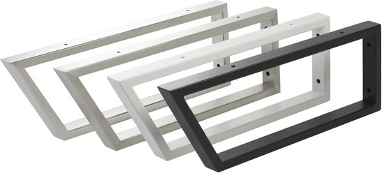 Drie verschillende wastafelconsoles: geborsteld roestvrij staal, wit en zwart. Ze zijn 60° afgeschuind aan de voorkant.
