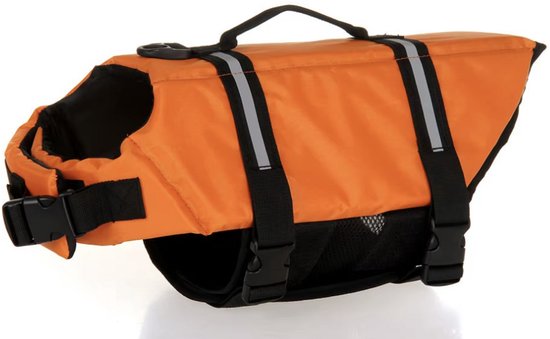Oranje honden zwemvest met zwarte gespen, reflecterende strepen en handvat.