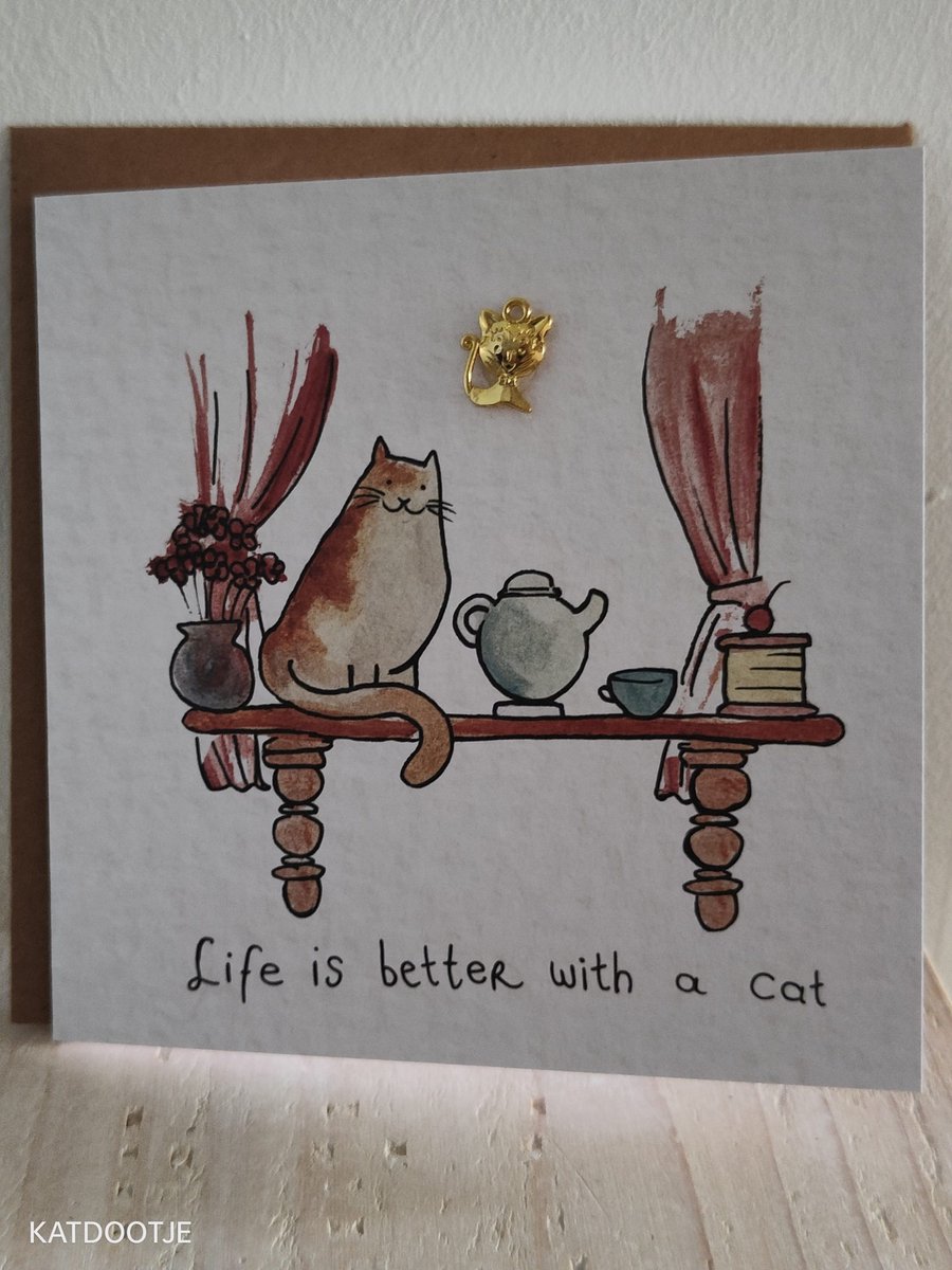 Katdootje - Dubbele wenskaart met envelop - Life is better with a cat