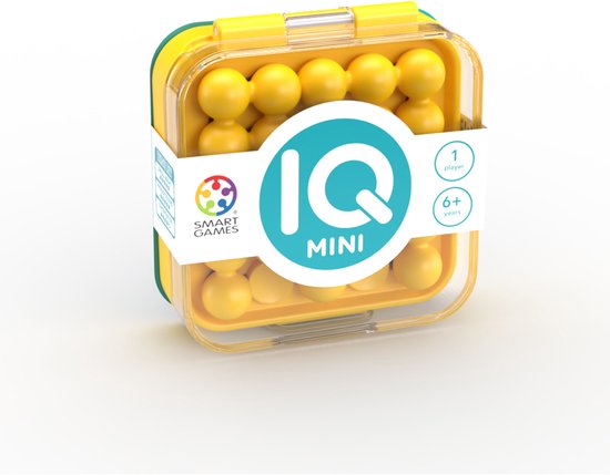 Gesloten geel IQ Mini spel met gele balletjes binnenin en 'IQ MINI' logo.