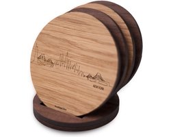 Skyline Onderzetters New York - Eiken en noten hout - 4 stuk(s) + houder - Ø 9 cm Rond - Cadeau - Woon decoratie - Woonkamer - WoodWideCities