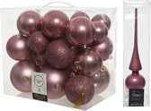 Kerstversiering kunststof kerstballen oud roze 6-8-10 cm pakket van 27x stuks - Met glans glazen piek van 26 cm