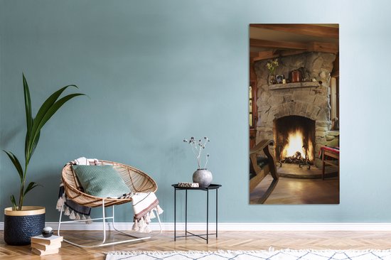 Peinture sur toile 80x160 cm - Décoration murale Feu brûlant dans une cheminée - Décoration murale murale salon - Décoration chambre - Accessoires de chambre - Peintures