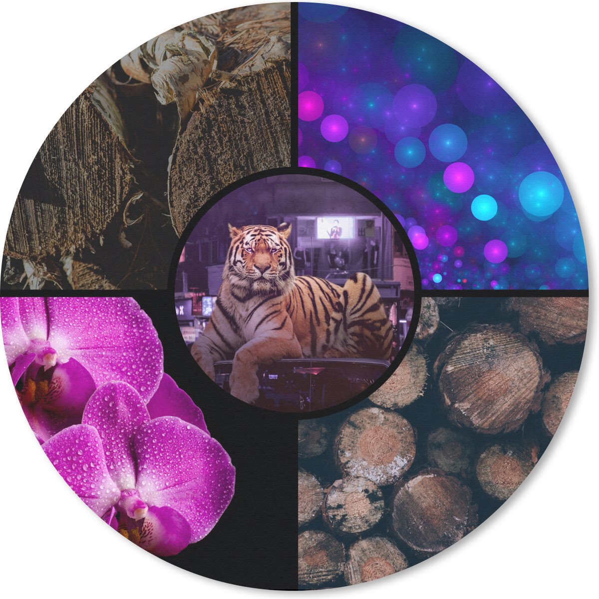 Muismat rond 30x30 cm - Mousepad Tijger - Collage - Hout - Orchidee - Ronde muismatten