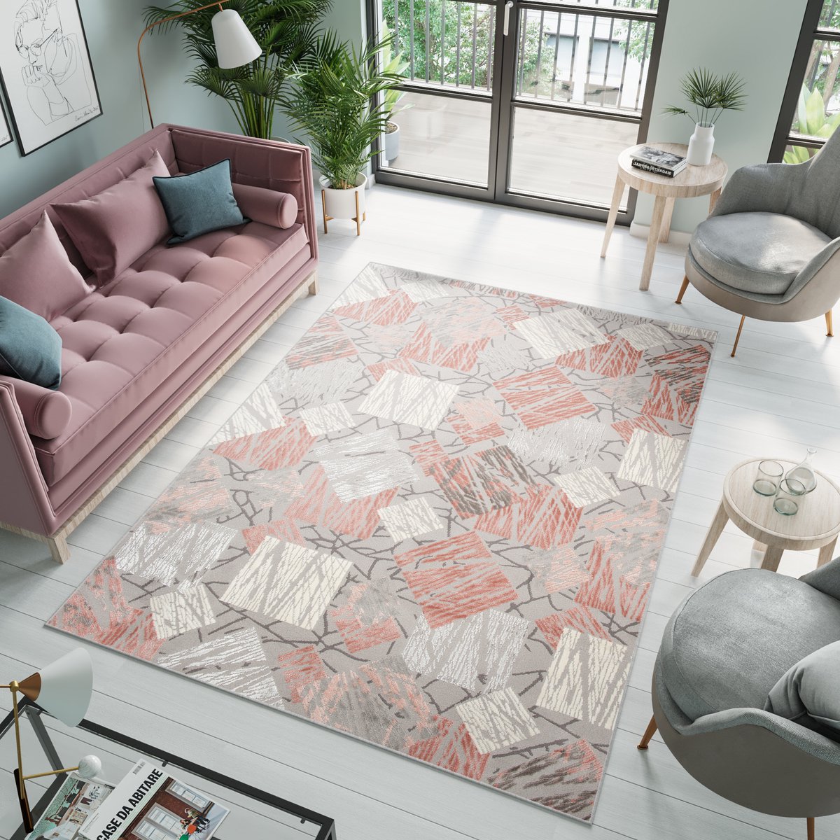 Tapiso Asthane Vloerkleed Grijs Creme Roze Woonkamer Slaapkamer Tapijt Maat - 300x400